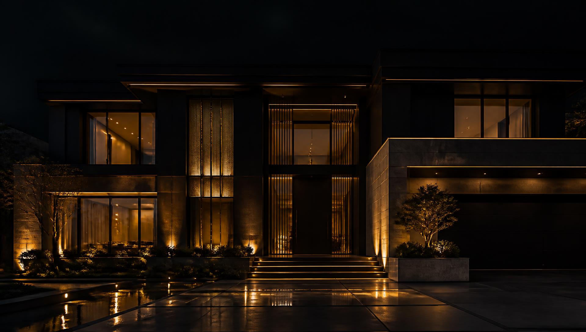 Villa contemporaine illuminée à la tombée de la nuit
